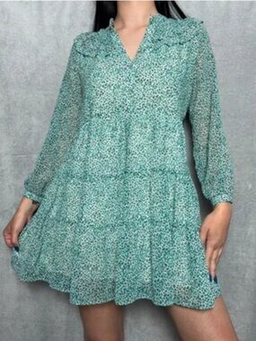 ZARA Green Floral Micro-Print Tiered Babydoll Mini Dress, Size Medium